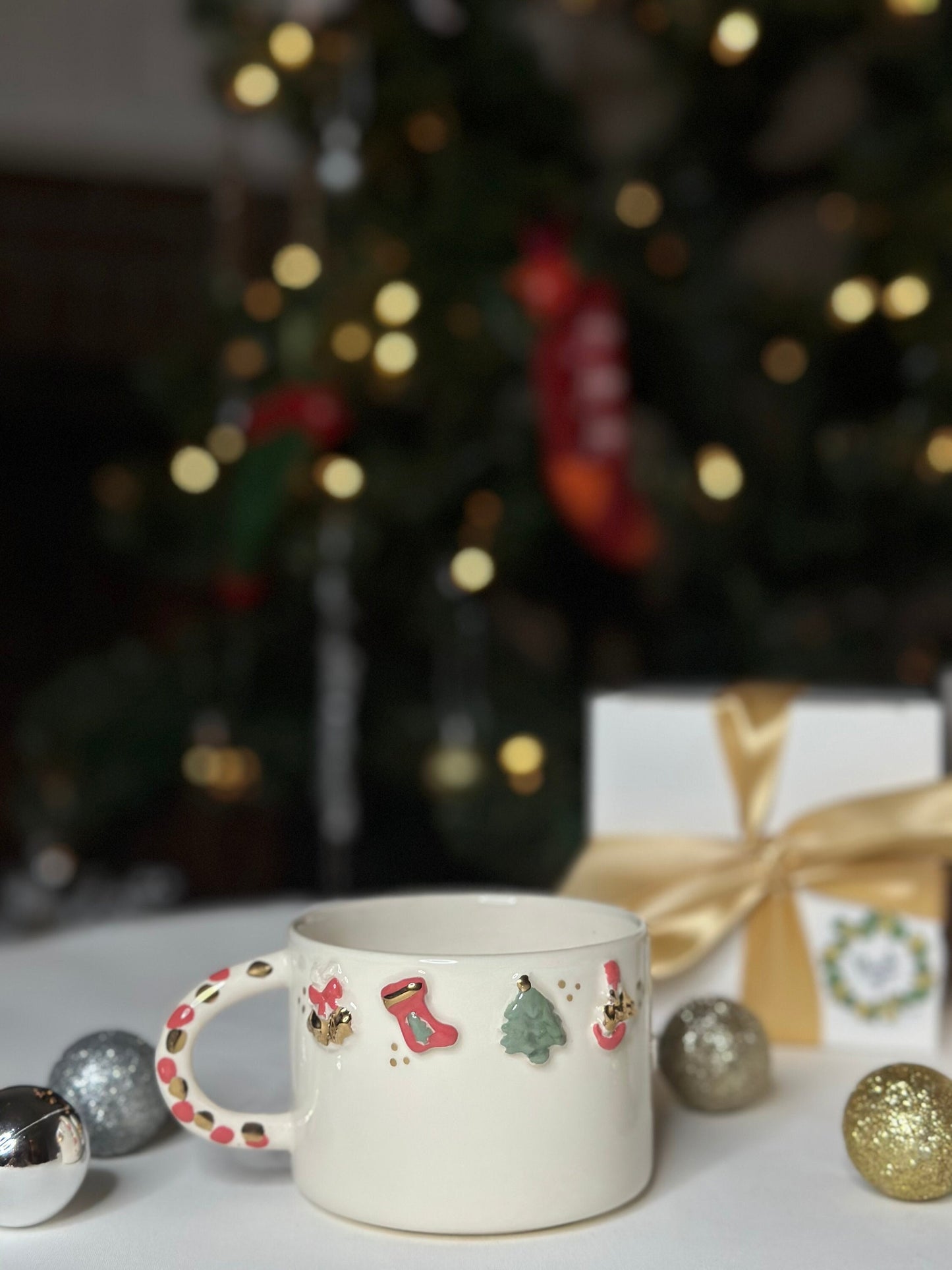 24k Gold Handmade Ceramic Mug 'Christmas Ornaments'