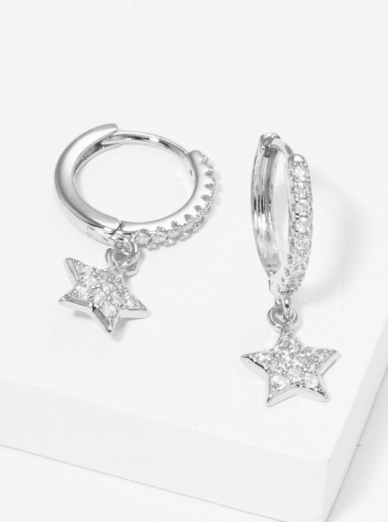 White Gold Pave Hoop Earrings, Gift for her, Gold Earrings, Silver Earrings