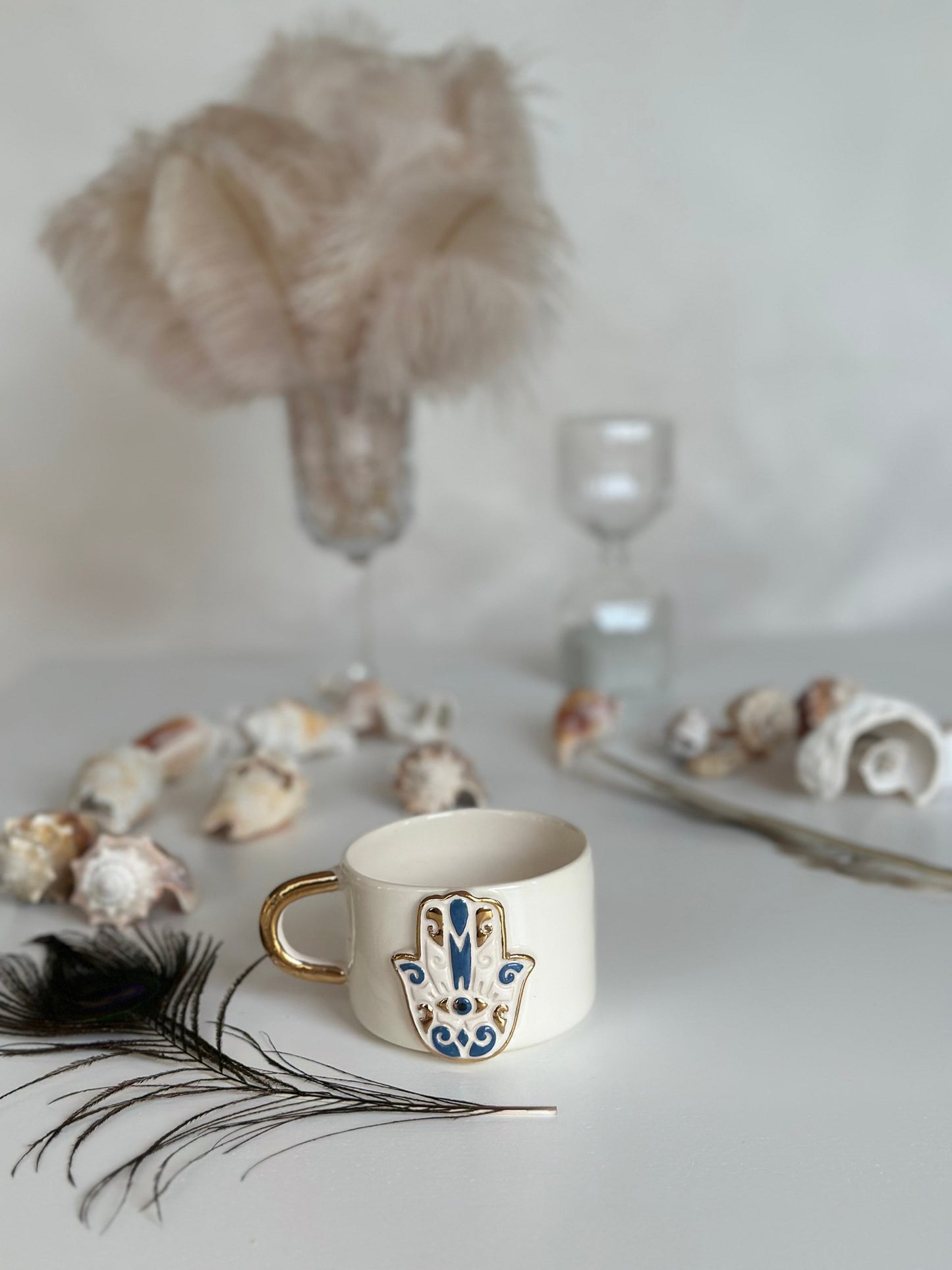 24k Gold Handmade Ceramic Mug 'White Hamsa'
