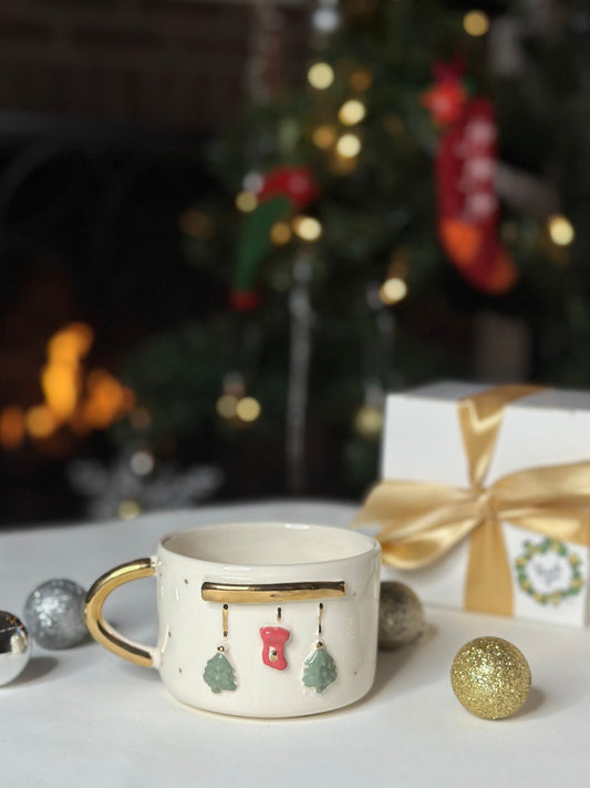 24k Gold Handmade Ceramic Mug 'Christmas Stocking'