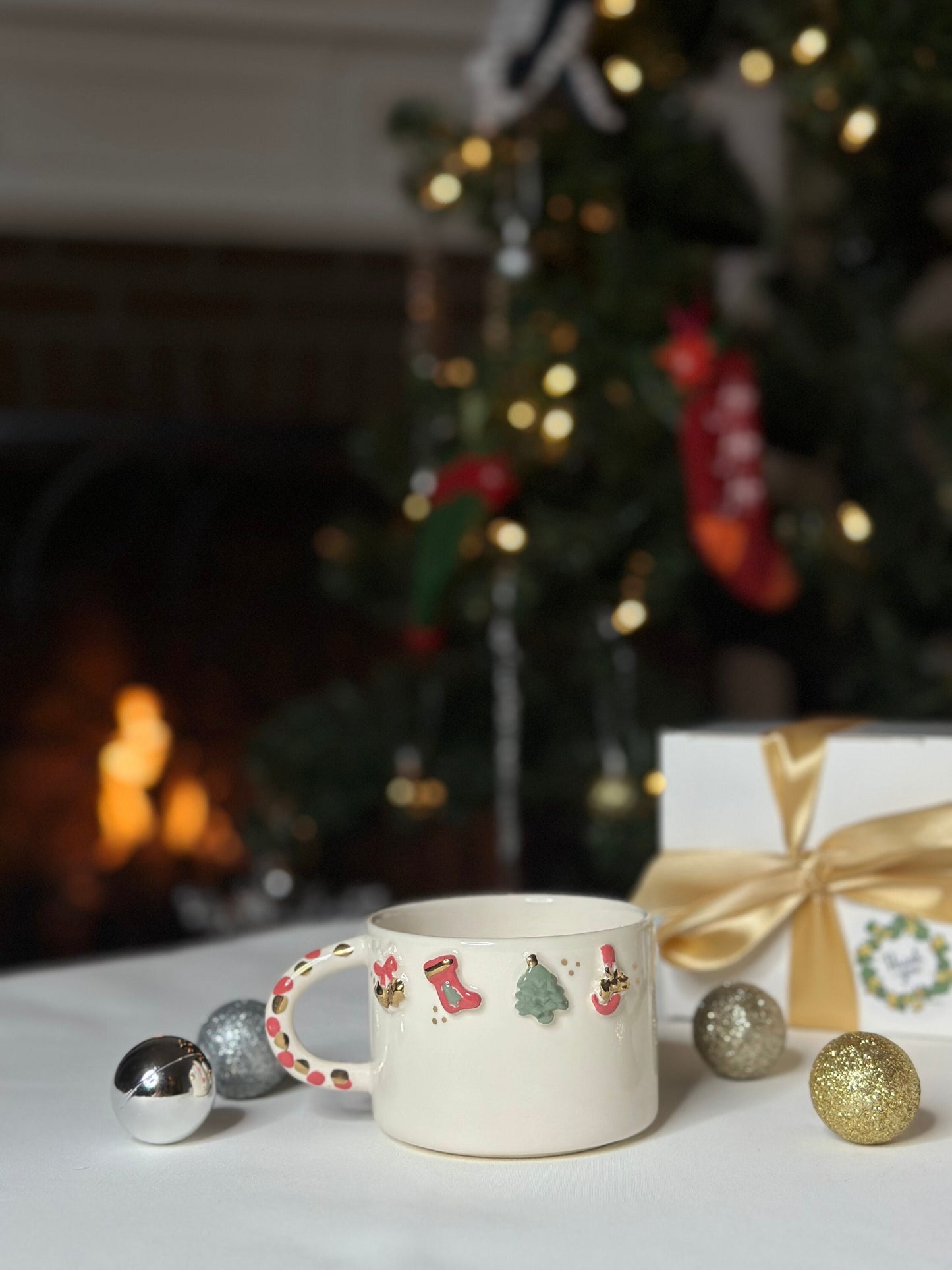 24k Gold Handmade Ceramic Mug 'Christmas Ornaments'