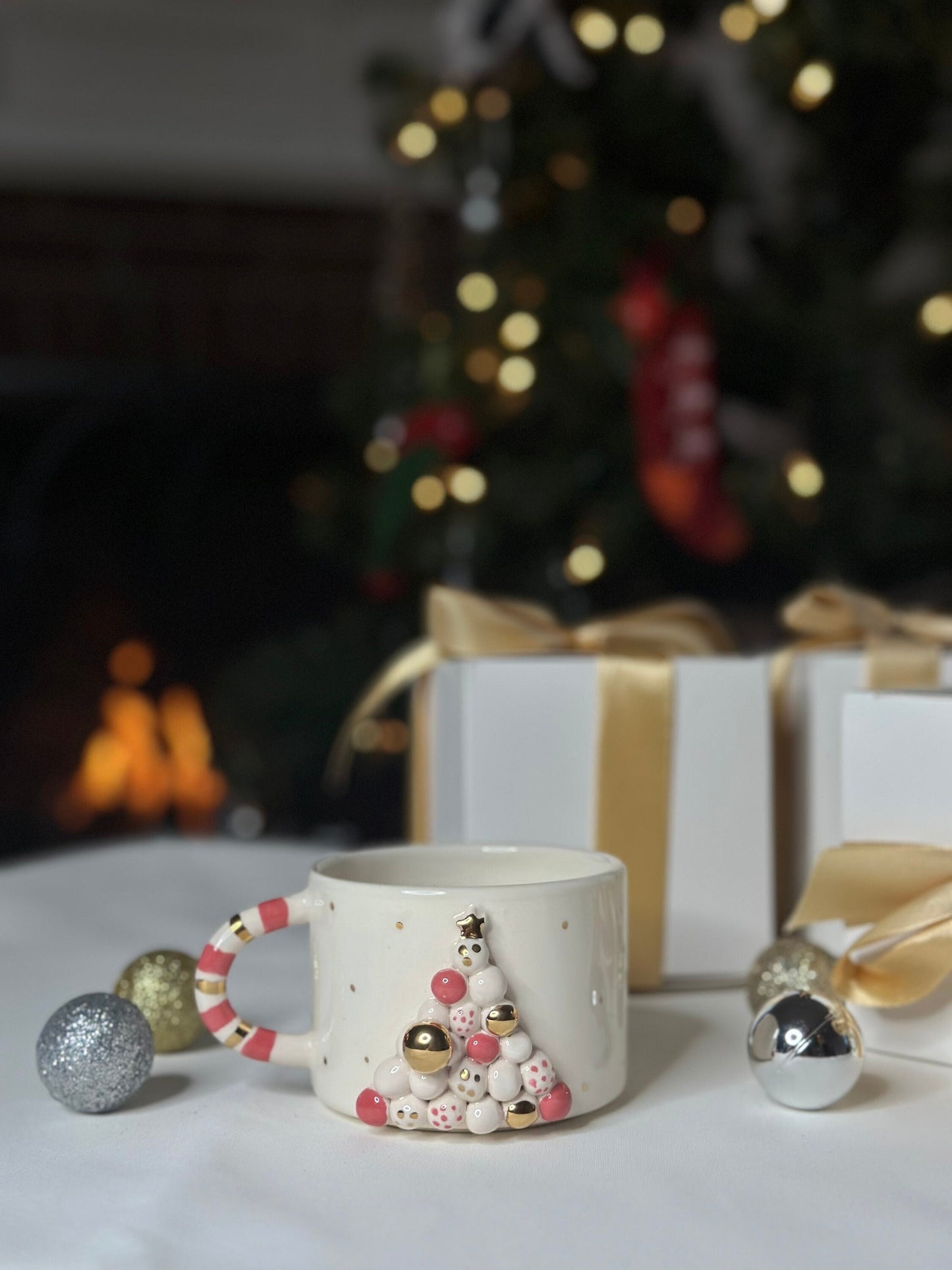 24k Gold Handmade Ceramic Mug 'White Christmas Tree'