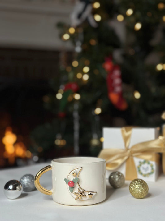 24k Gold Handmade Ceramic Mug 'Christmas Moon'