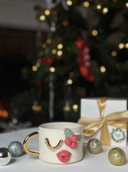 24k Gold Handmade Ceramic Mug 'Christmas Lilly'