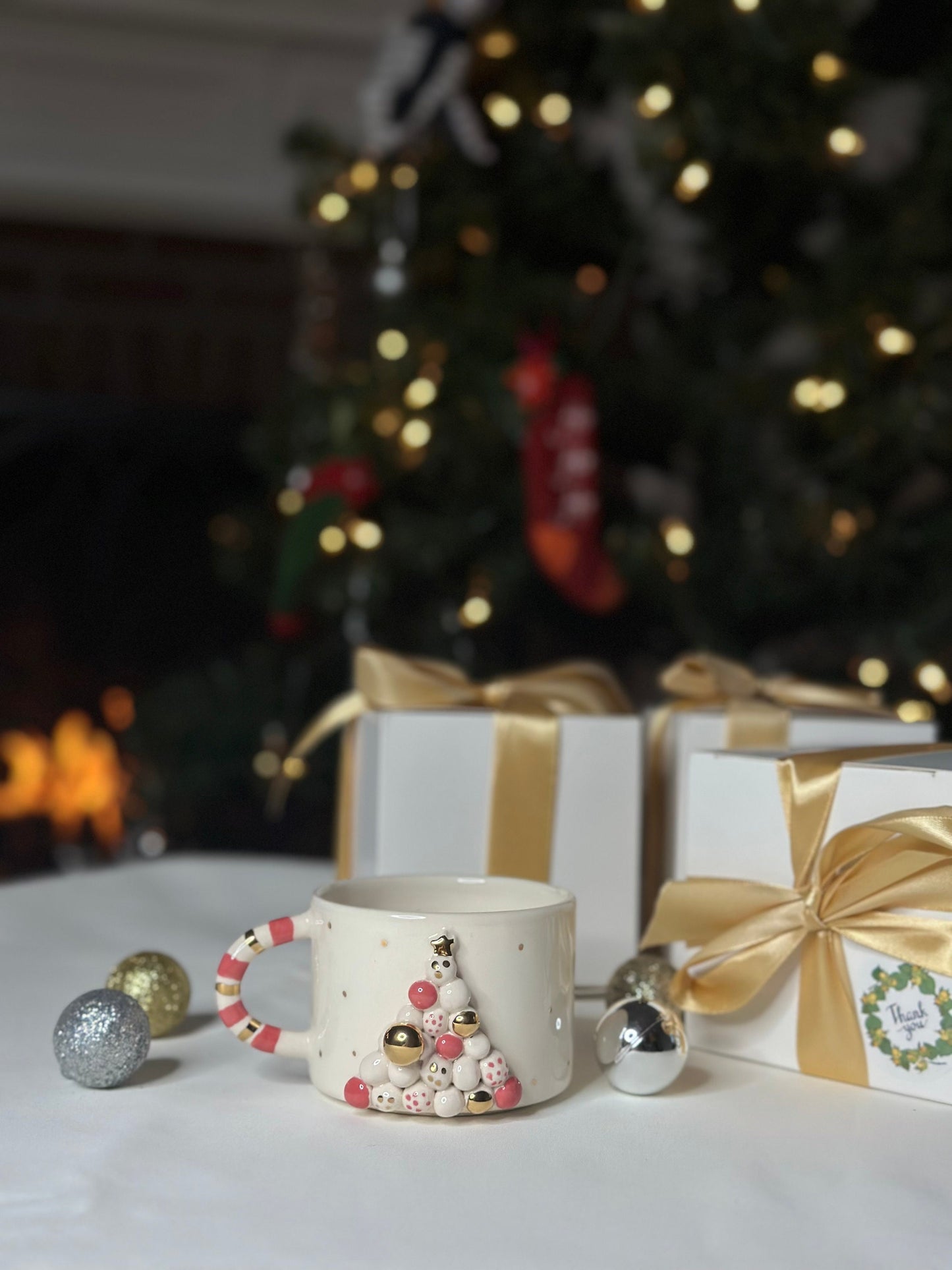 24k Gold Handmade Ceramic Mug 'White Christmas Tree'