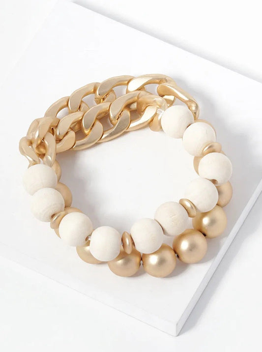 Wood and Metallic White Beaded Chain Bracelet, Gift for her, Gold Bracelet, Silver Bracelet