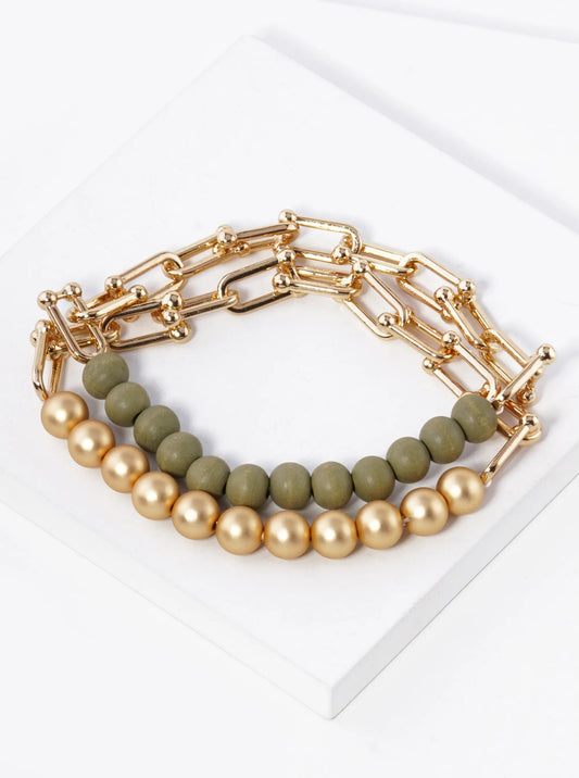 Wood and Metallic Green Beaded Chain Bracelet, Gift for her, Gold Bracelet, Silver Bracelet